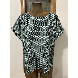 Melloday Anthropologie Green Short Sleeve Geometric Zip Blouse Size Medium